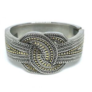Knot Braided Clamper Bangle Bracelet Silver Tone & Gold Accent Filigree Jewelry